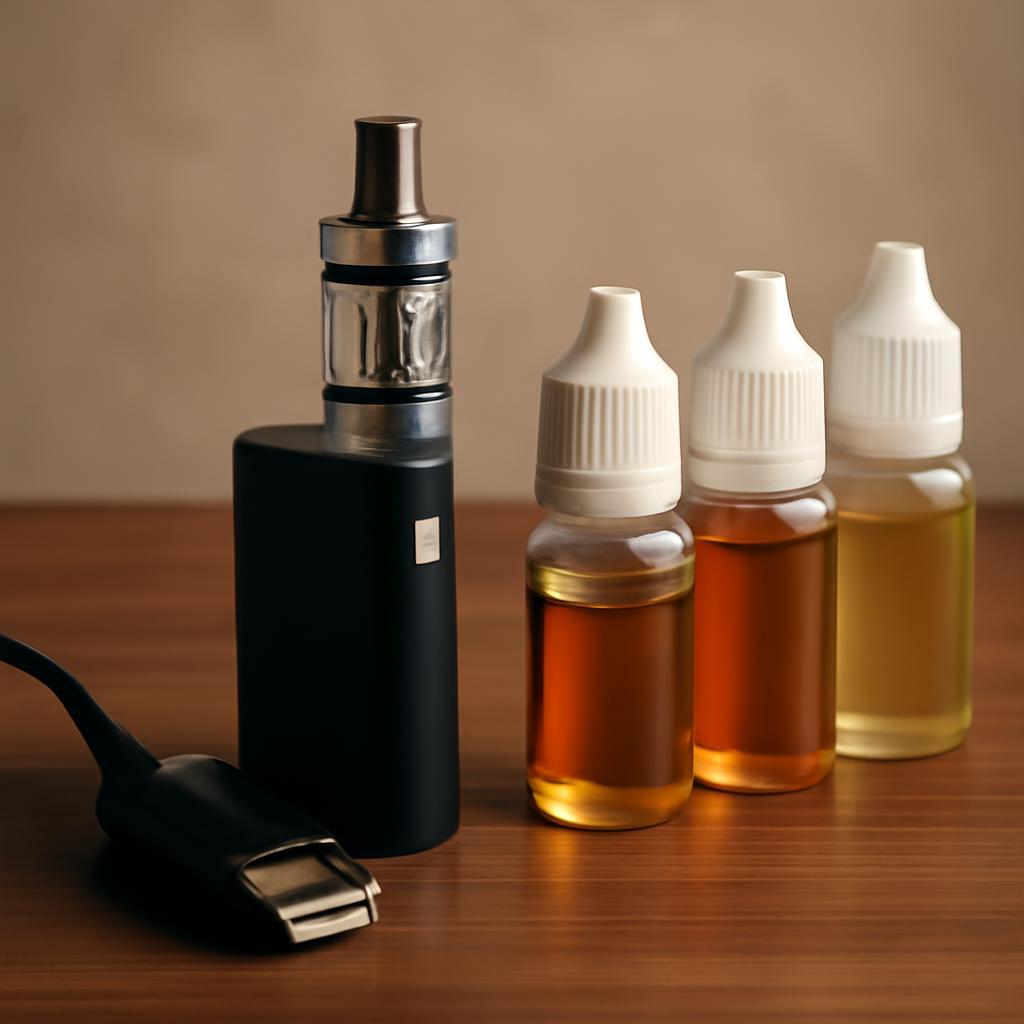 Accessoires pour e-cigarette disposés sur une table, incluant batterie, réservoir, chargeur et e-liquides.