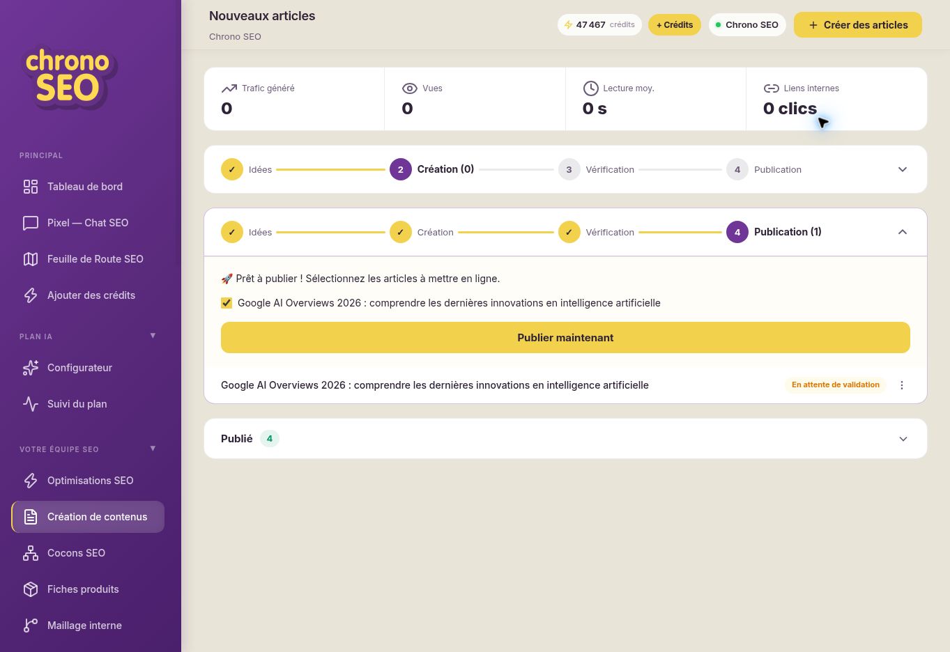 Workflow de création, vérification et publication de contenus dans Chrono SEO