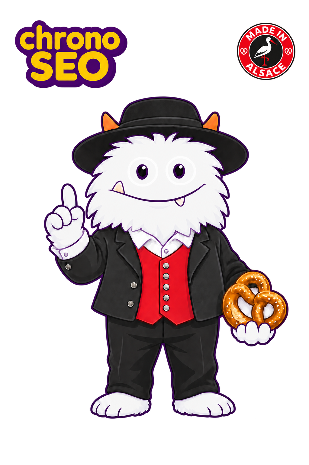 Mascotte Chrono SEO en costume traditionnel alsacien avec un bretzel