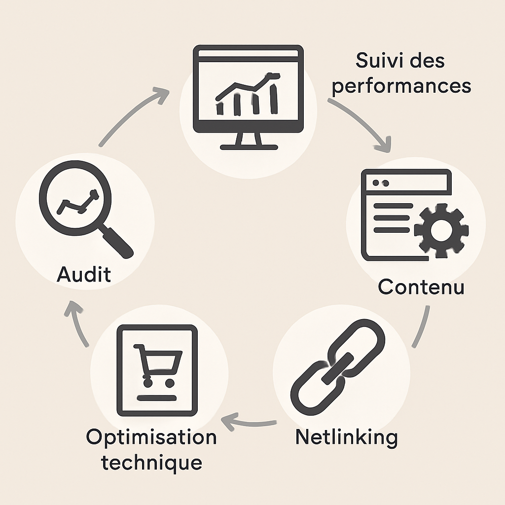 Schéma illustrant les étapes clés d'une stratégie SEO pour e-commerce : audit, optimisation technique, contenu, netlinking et suivi des performances