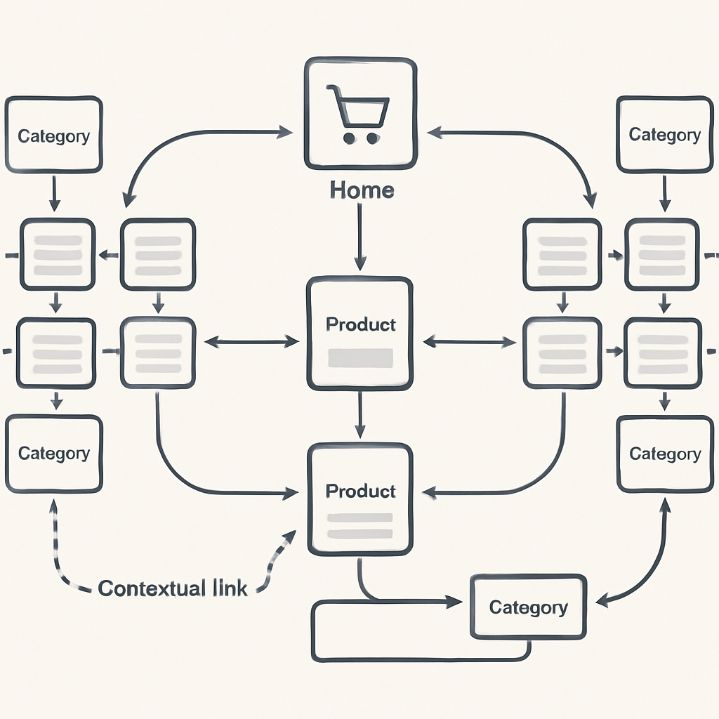 Schéma d'une stratégie de maillage interne avancée pour un site e-commerce, illustrant des clusters thématiques et des liens contextuels pour l'optimisation SEO
