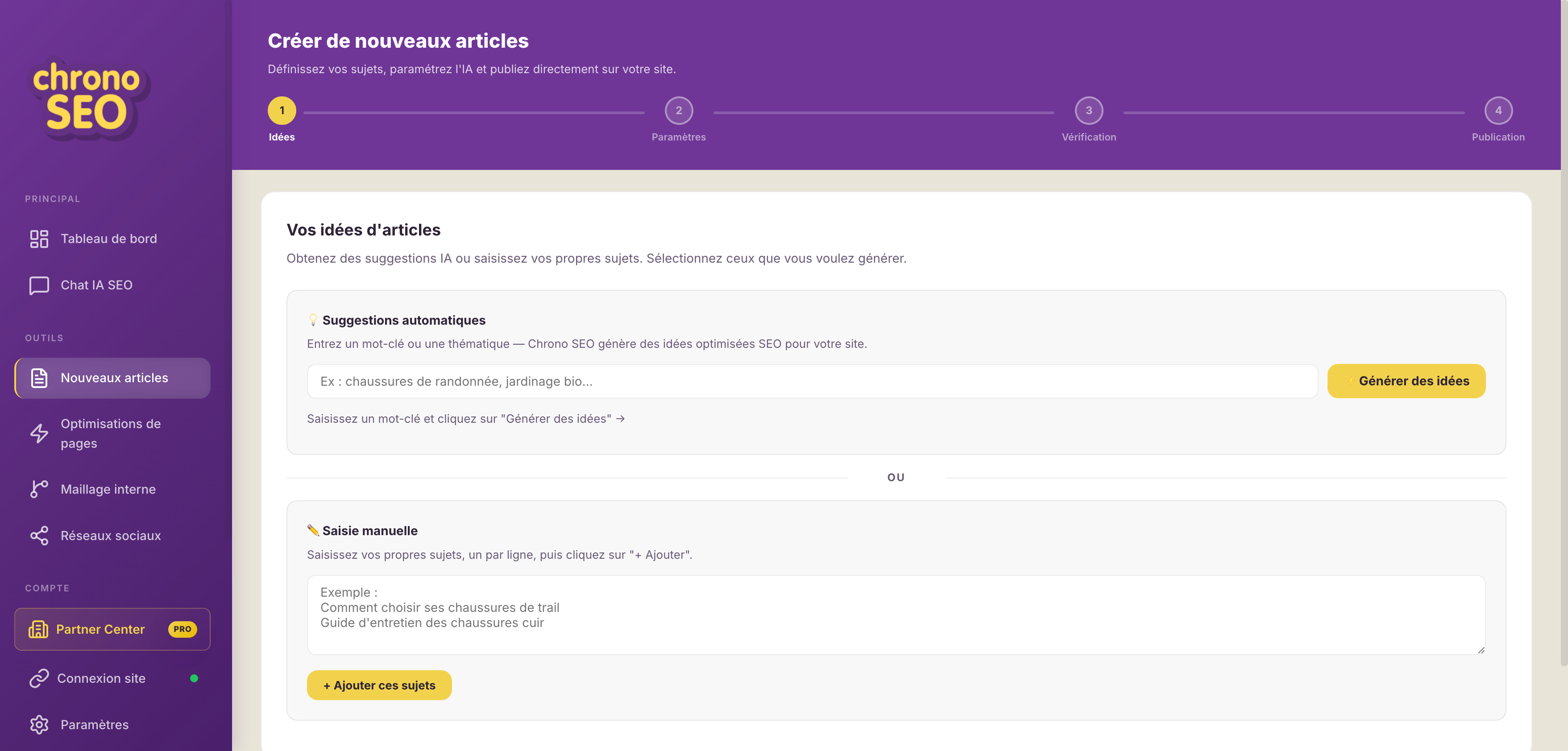 Génération d'articles IA — Chrono SEO
